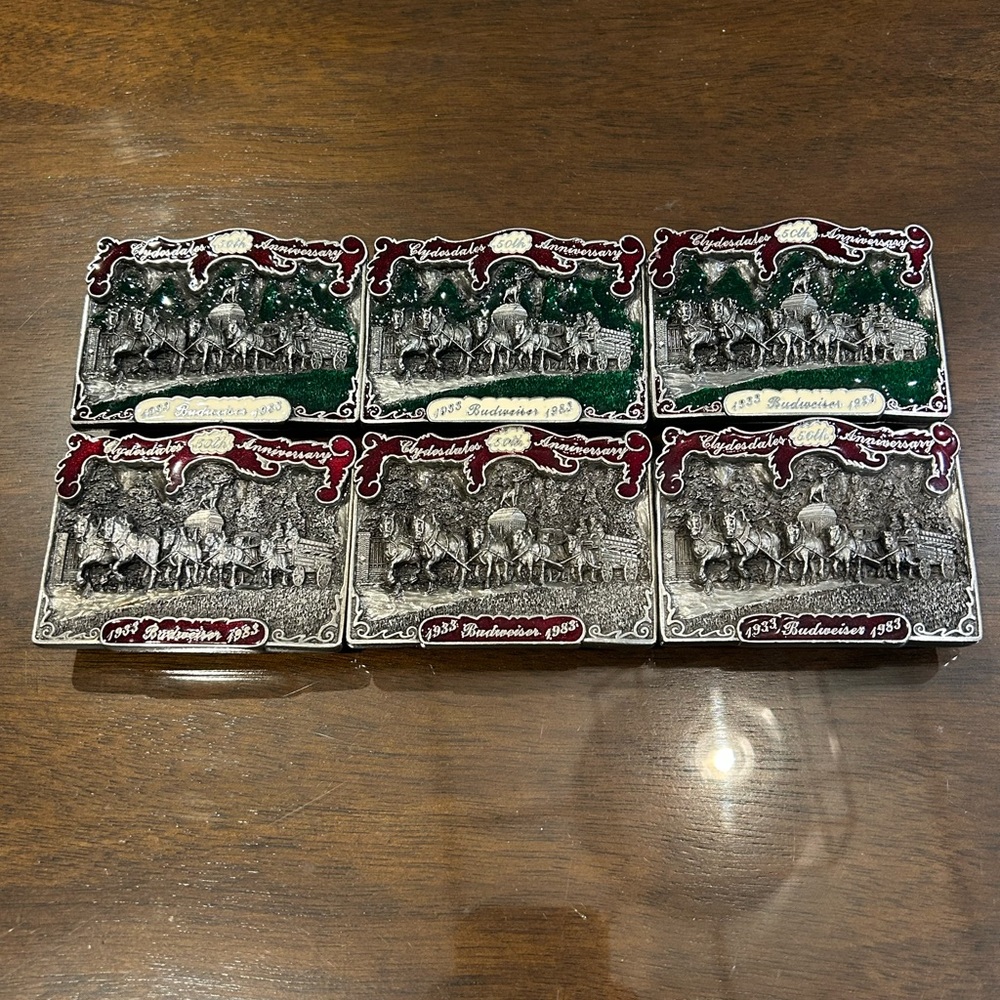 Lot Of 6 Belt Buckles 1983 50th Anniversary Clydesdale Budweiser Beer W/ Sleeves